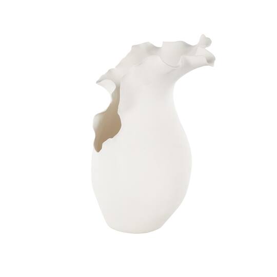 14.75" White Ceramic Abstract Floral Inspired Vase with Wavy Edge